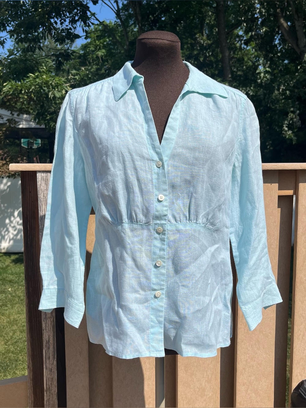 Talbots Irish Linen Aqua 3/4 Sleeve Button Up Collared Blouse Size 10 Cottage